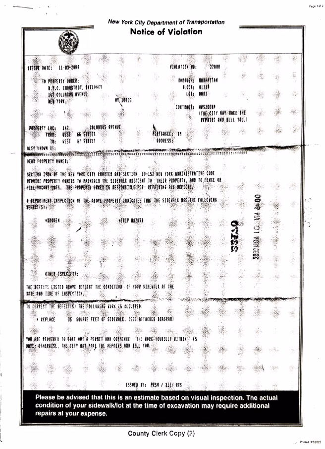 Copy of Sidewalk lien aka sidewalk violation. This is what you receive when you hire sidewalk lien removal services to expedite your property.